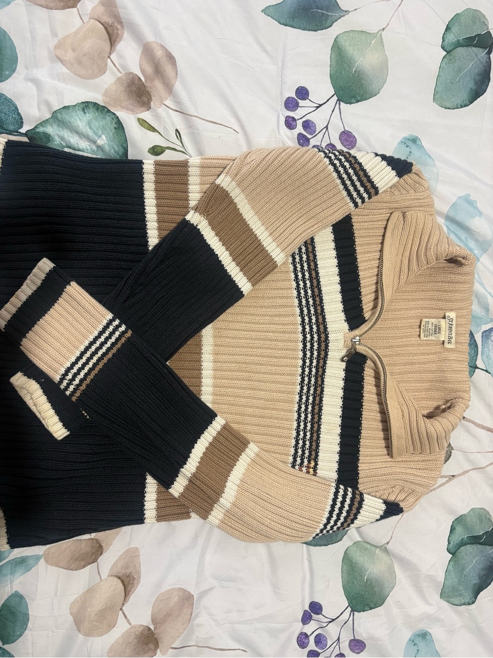 Vintage St. John’s Bay 100% Cotton Ribbed Quarter Zip Striped Sweater Size Larg
